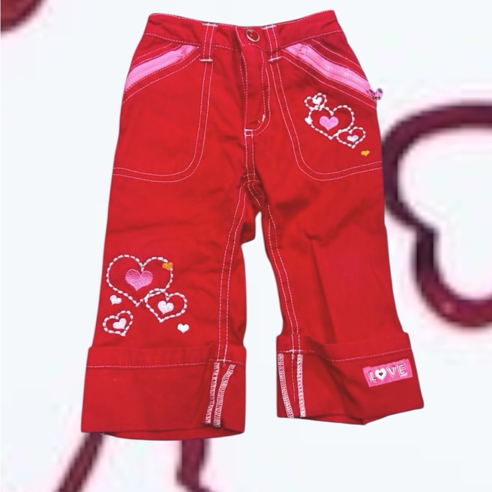 baby girls 12 months pants hearts red pink cuffed embroidered jeans